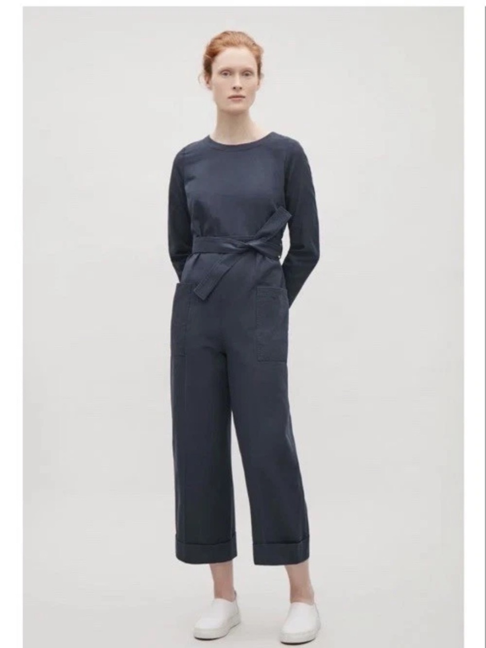 COS Navy Long-Sleeve Utility Jumpsuit with Waist Tie